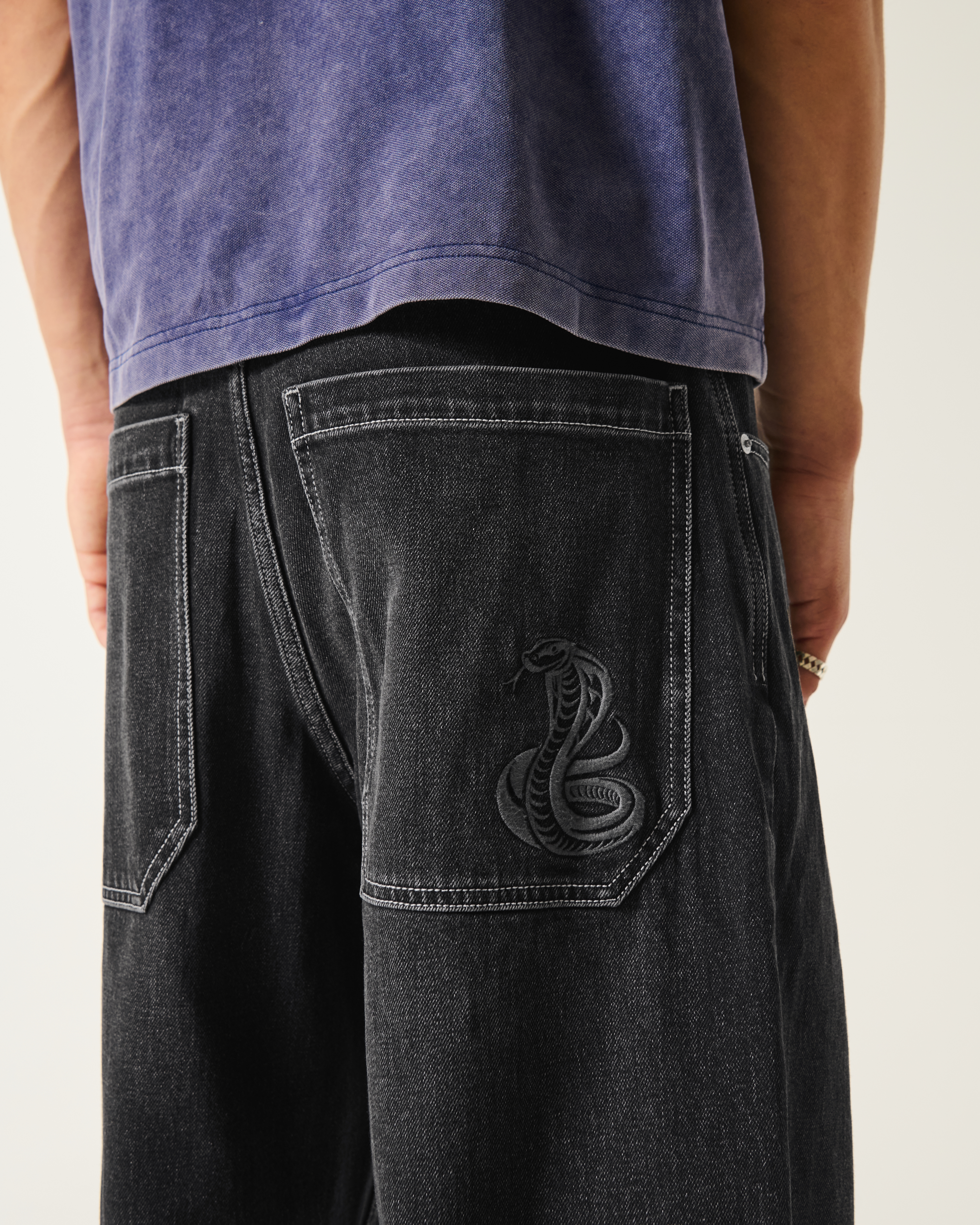 Washed Black Snake Embroidery Baggy Skater Jeans