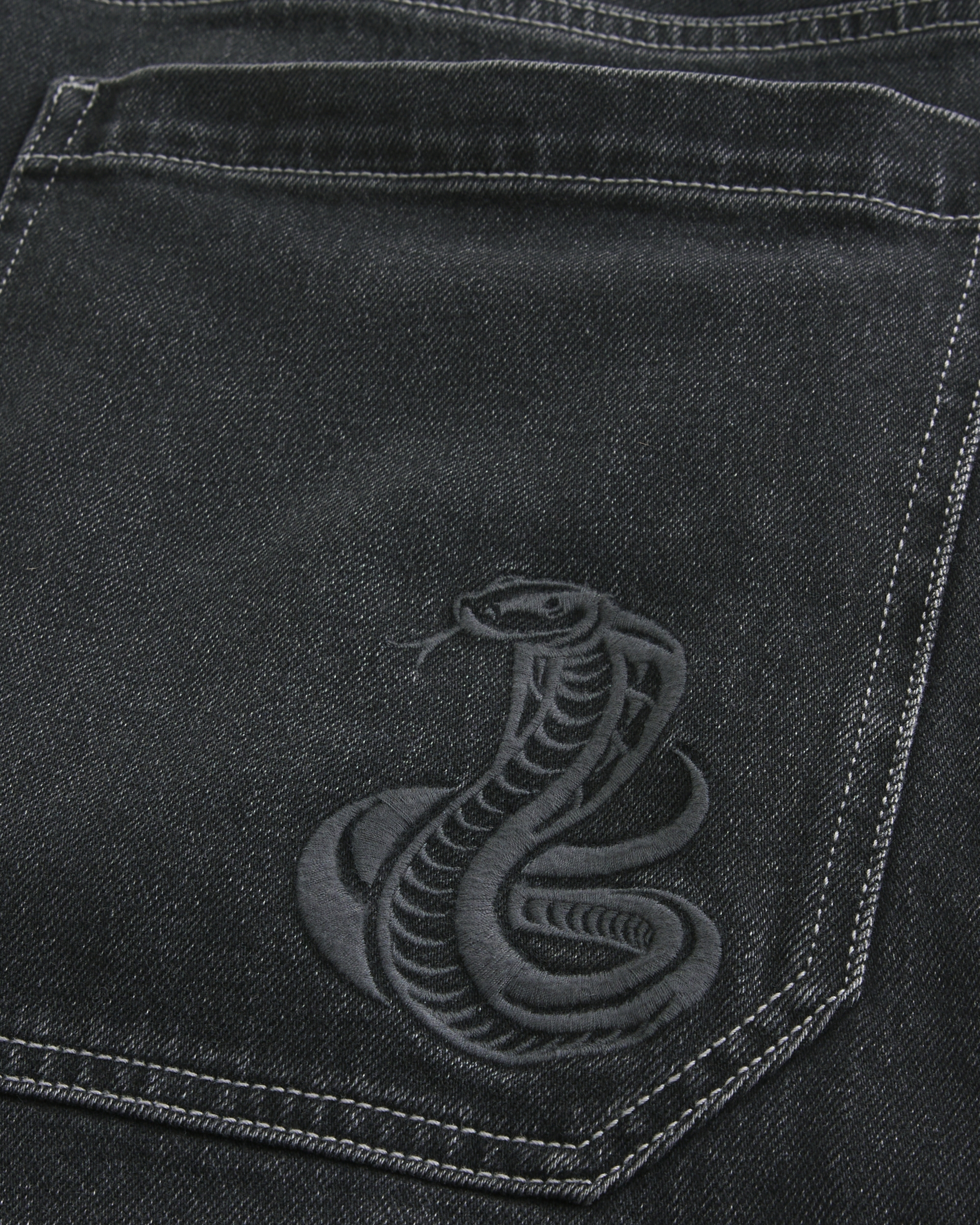 Washed Black Snake Embroidery Baggy Skater Jeans