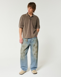 Distressed Greased Medium Wash Baggy Jeans