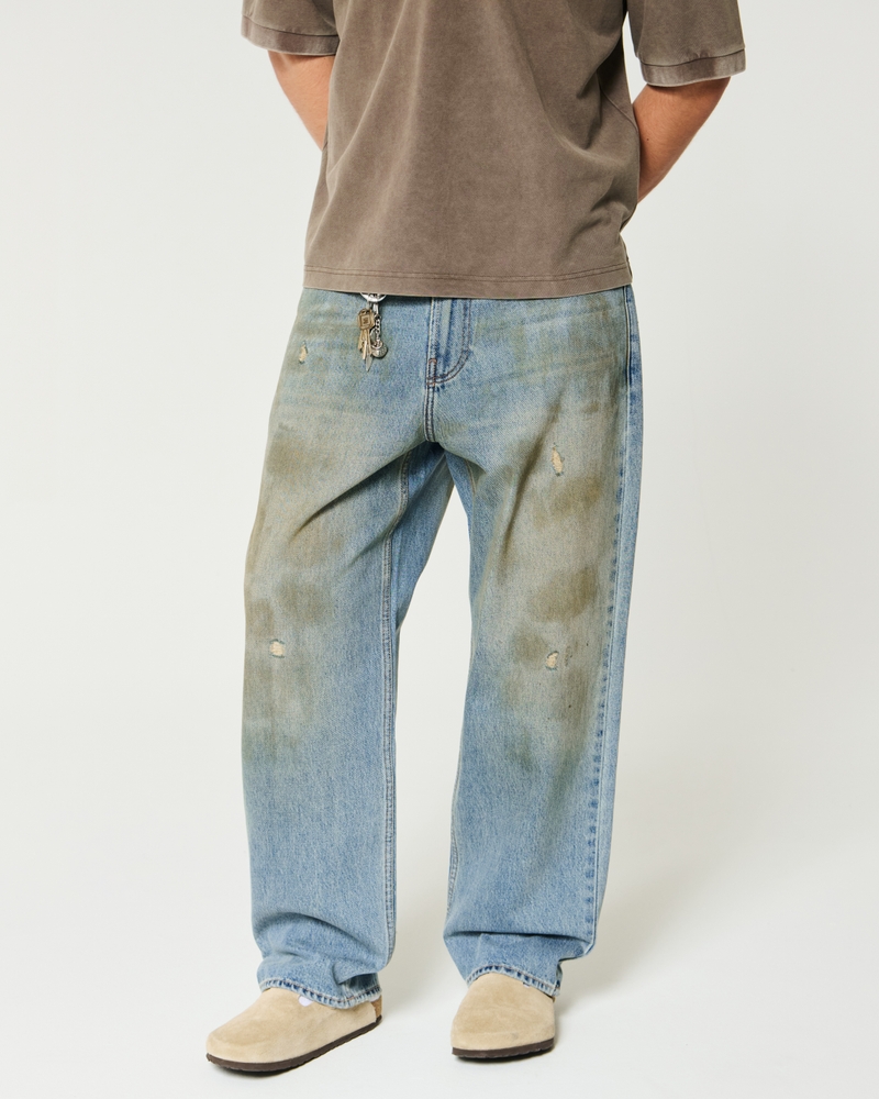 Distressed Greased Medium Wash Baggy Jeans