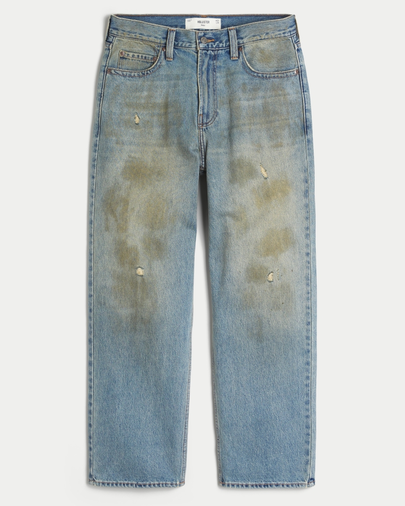 Distressed Greased Medium Wash Baggy Jeans
