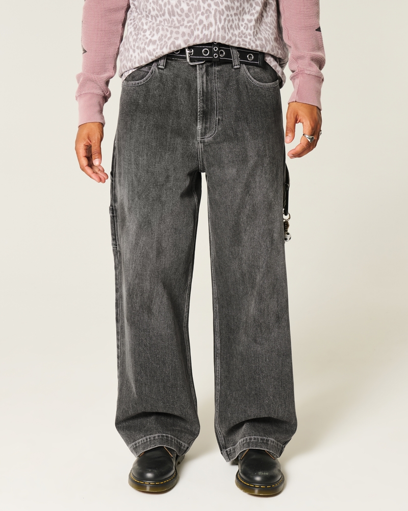 Washed Black Embroidered Super Baggy Jeans
