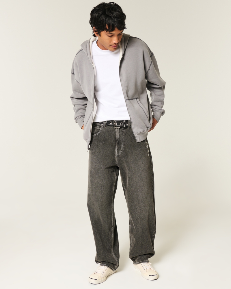 Washed Black Embroidered Skater Baggy Jeans