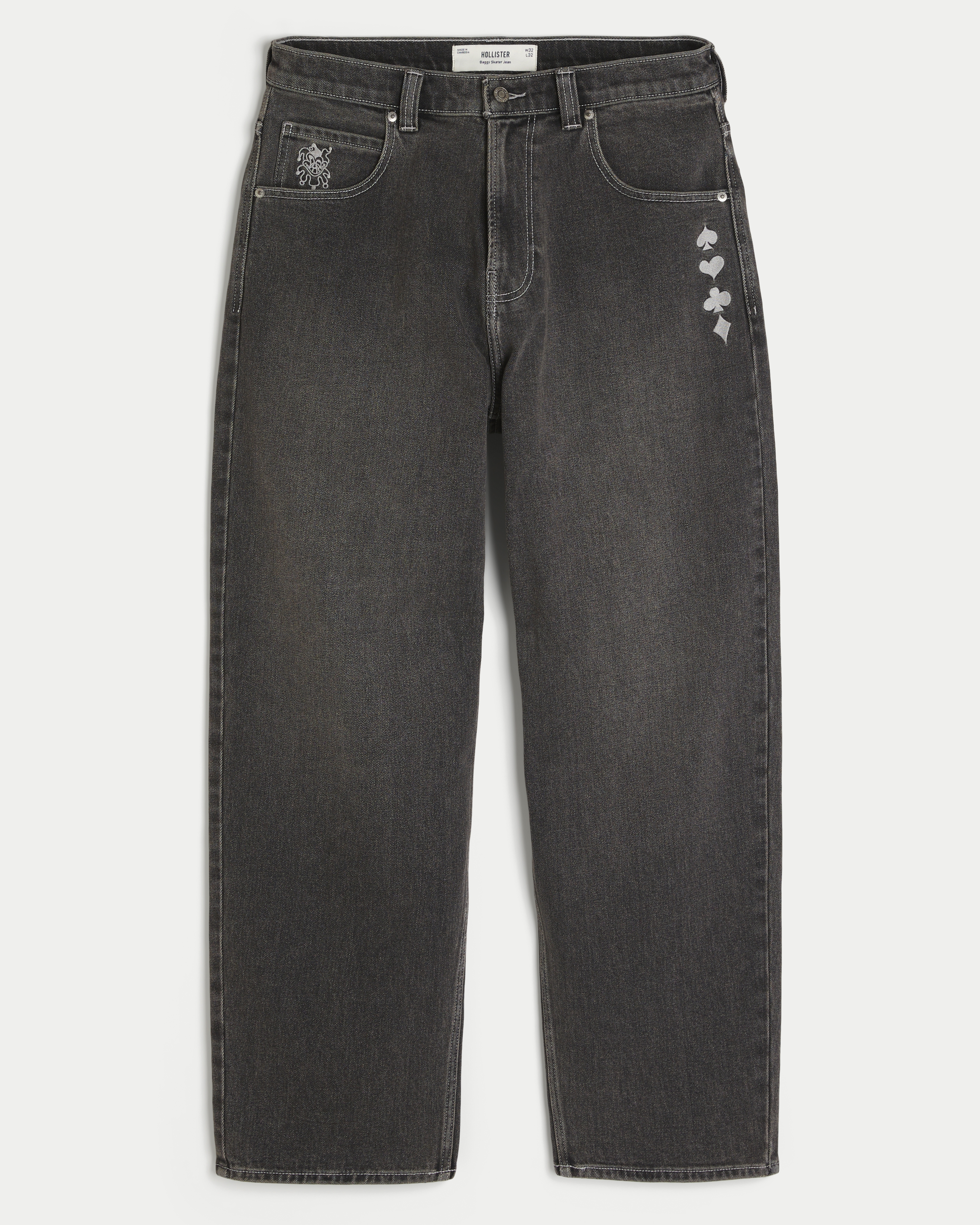 Washed Black Embroidered Skater Baggy Jeans