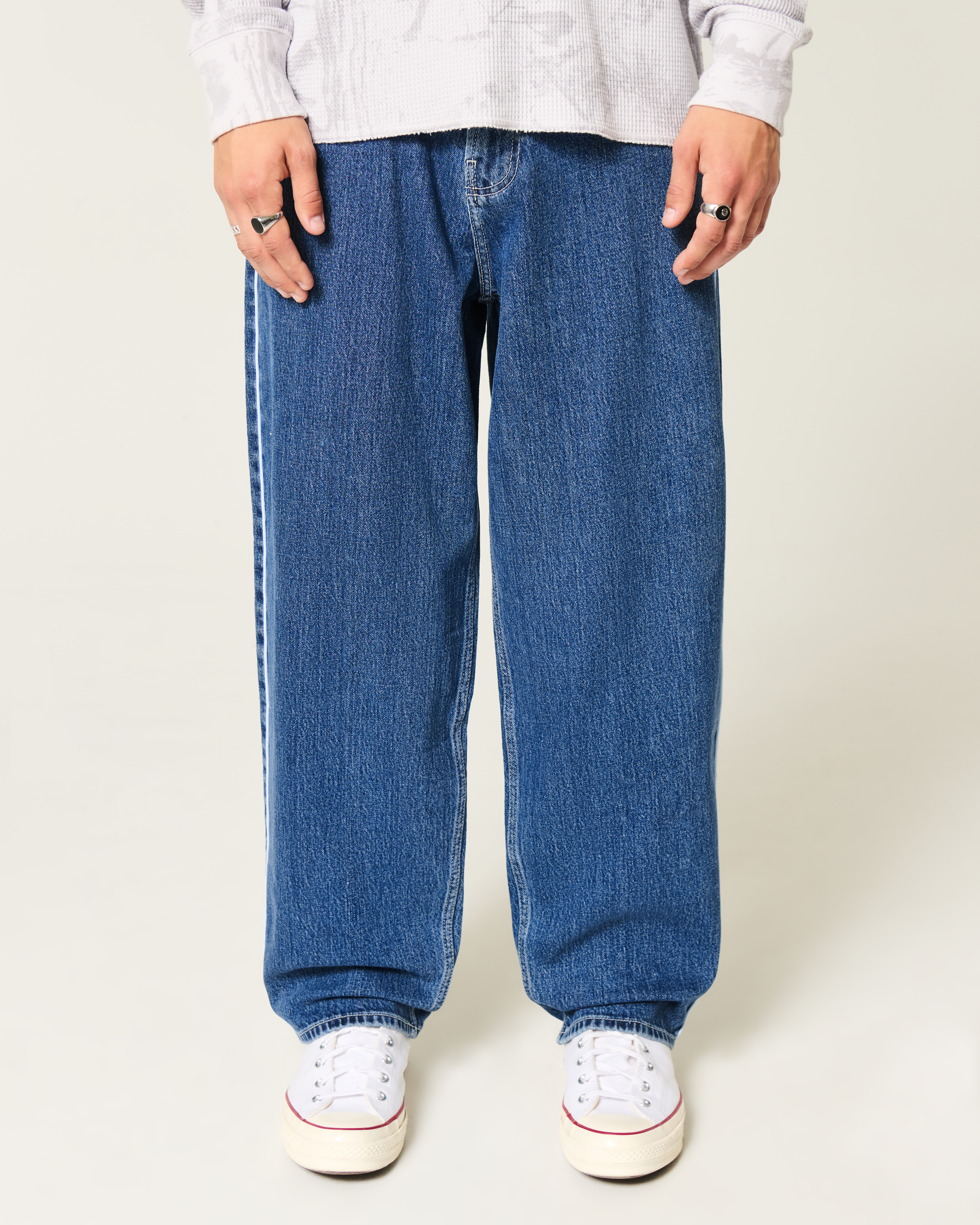 Medium Wash Striped Skater Baggy Jeans