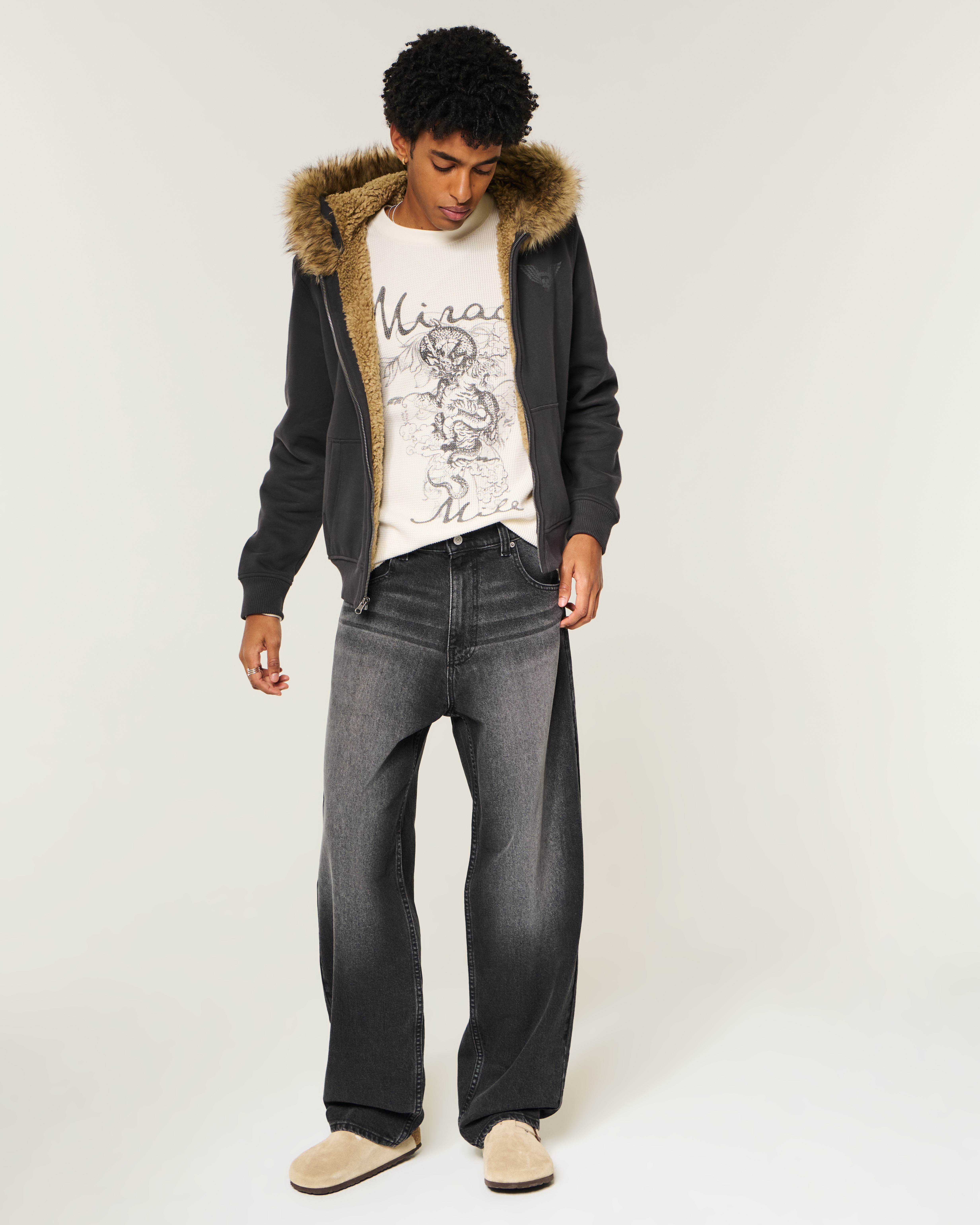 Washed Black Graphic Skater Baggy Jeans