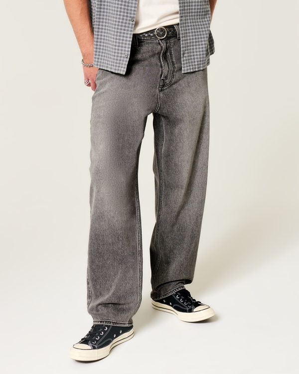 Men's Grey Snake Embroidery Skater Baggy Jeans | Men's Bottoms