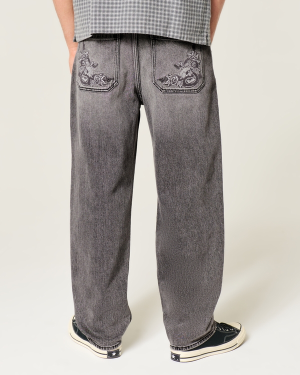 Men's Grey Snake Embroidery Skater Baggy Jeans | Men's Bottoms
