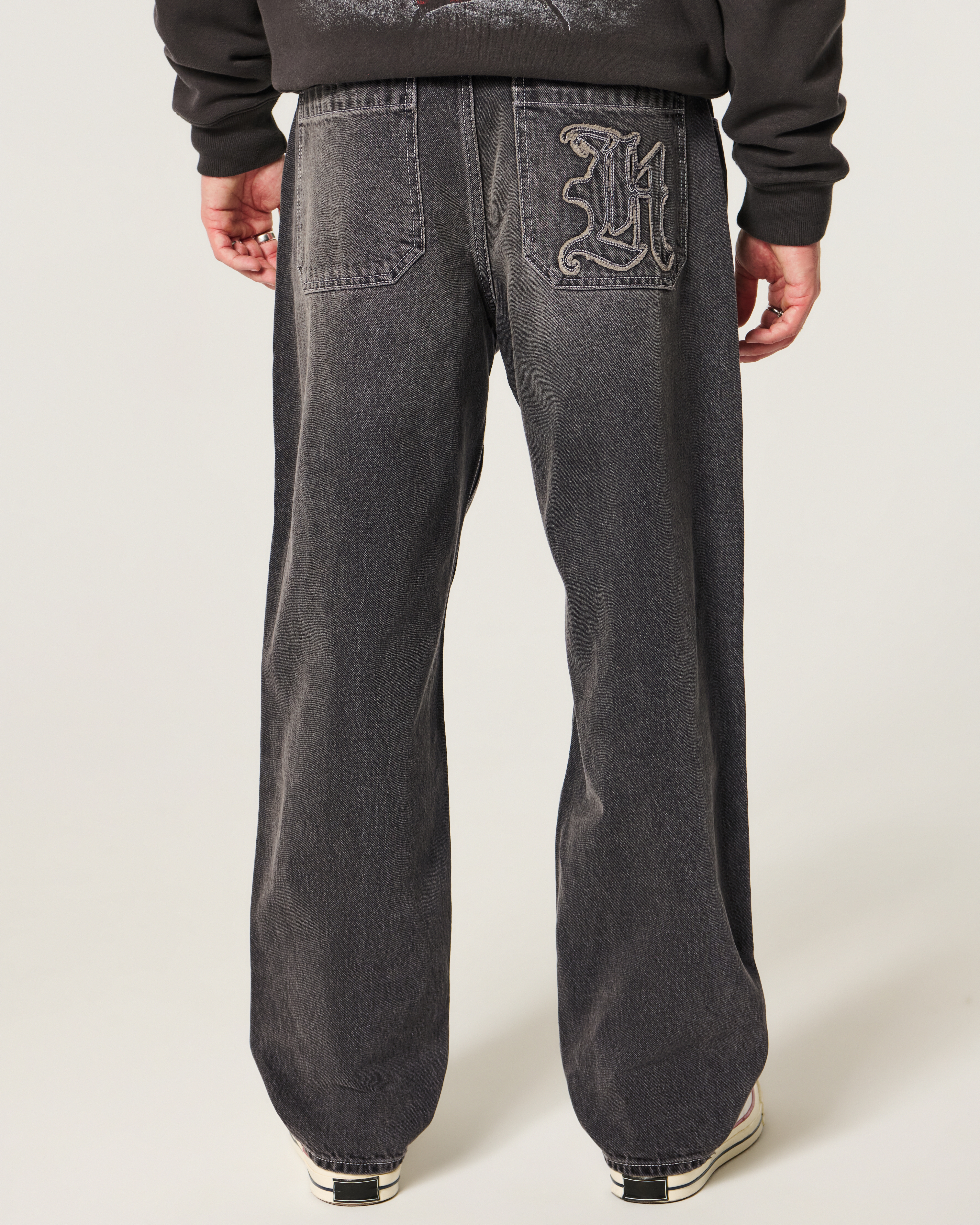 Washed Black H Applique Skater Baggy Jeans