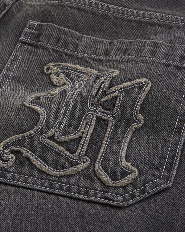 Men's Washed Black H Applique Skater Baggy Jeans | Men's Clearance
