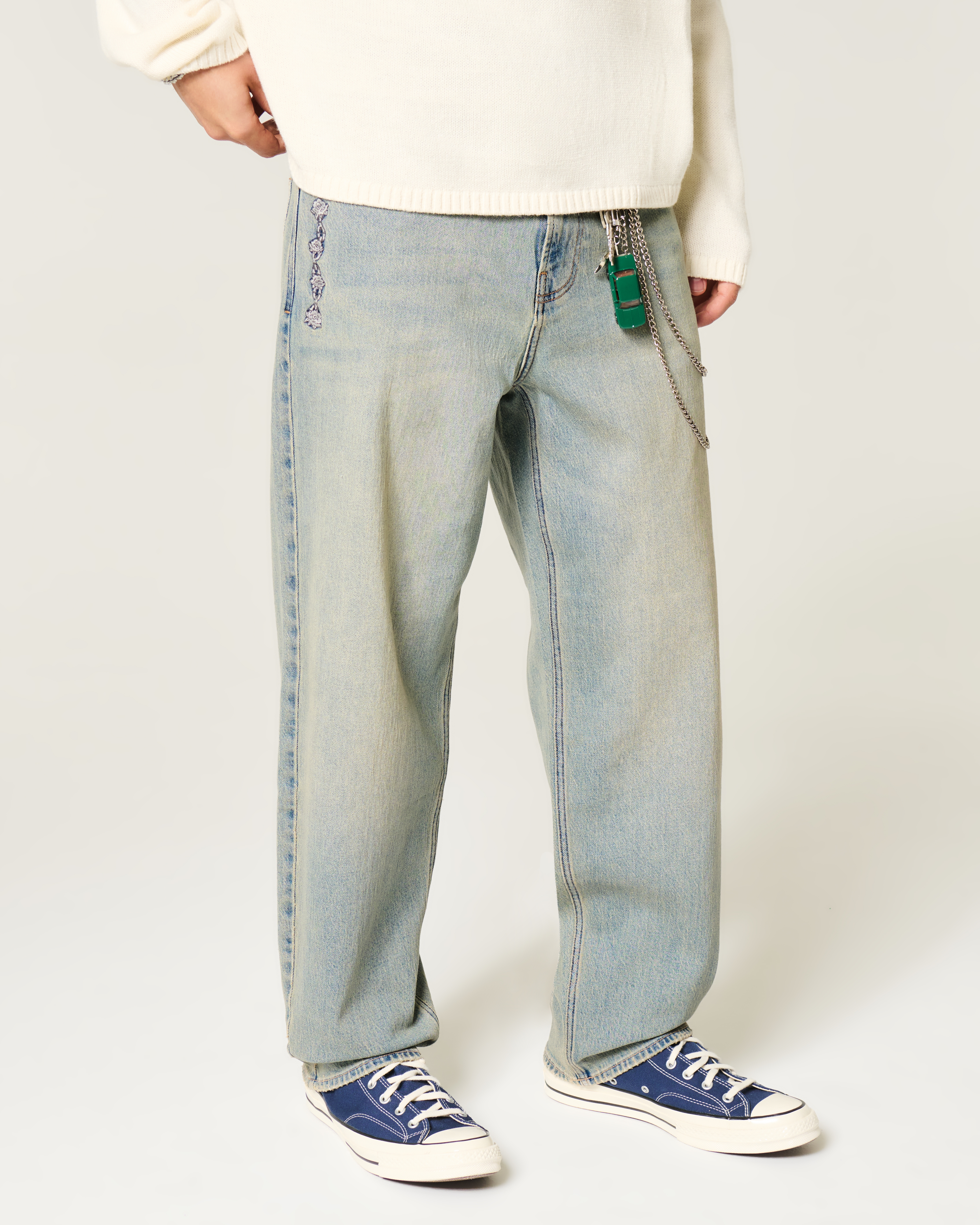 Light Wash Rose Graphic Skater Baggy Jeans