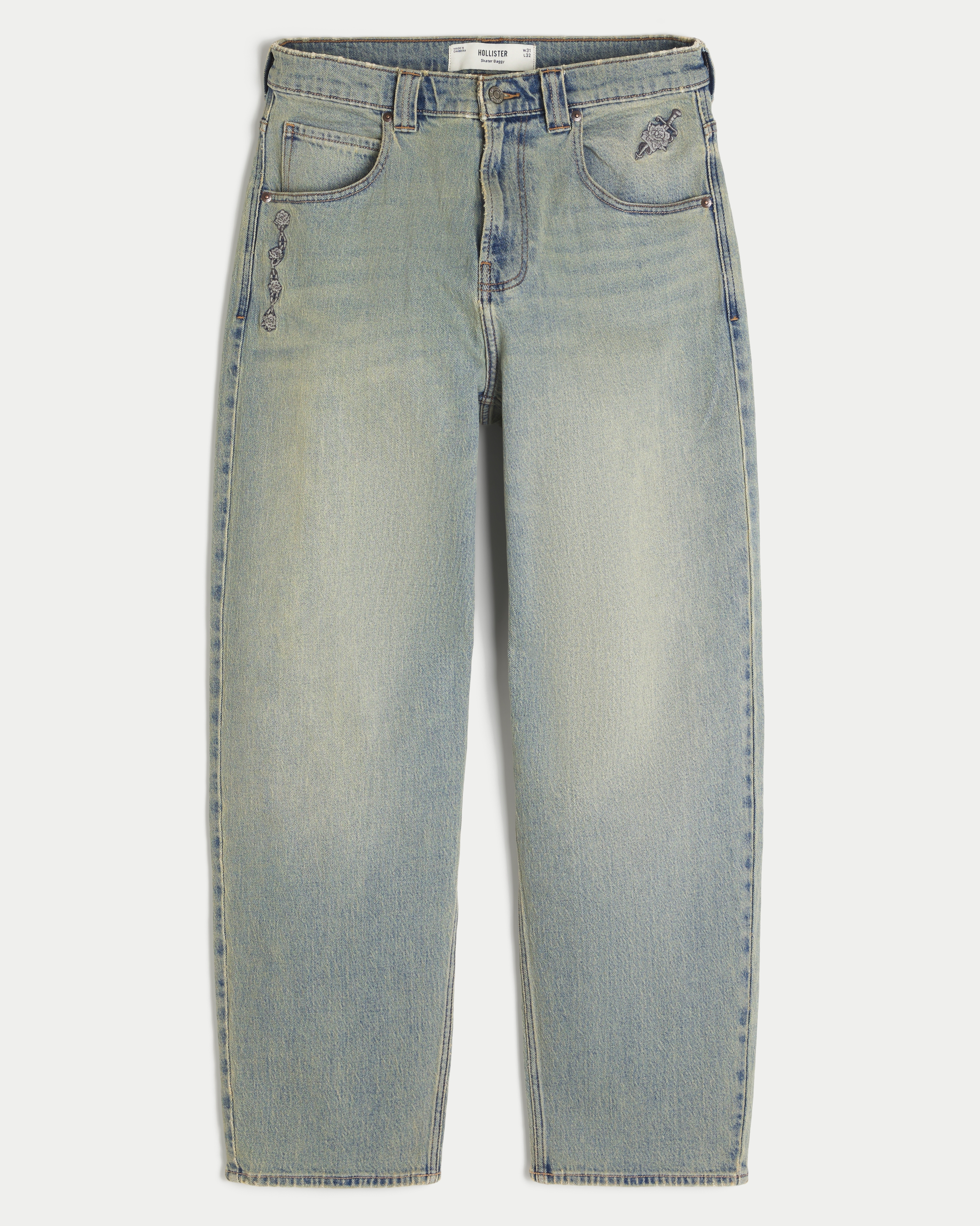 Light Wash Rose Graphic Skater Baggy Jeans