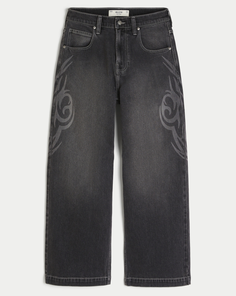 Men's Washed Black Graphic Super Baggy Jeans | Men's Bottoms