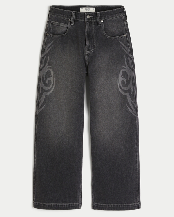 Men's Washed Black Graphic Super Baggy Jeans | Men's Bottoms