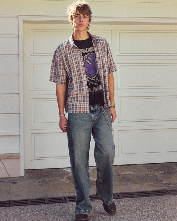 Dark Wash Graphic Super Baggy Jeans, Medium Dark view 1