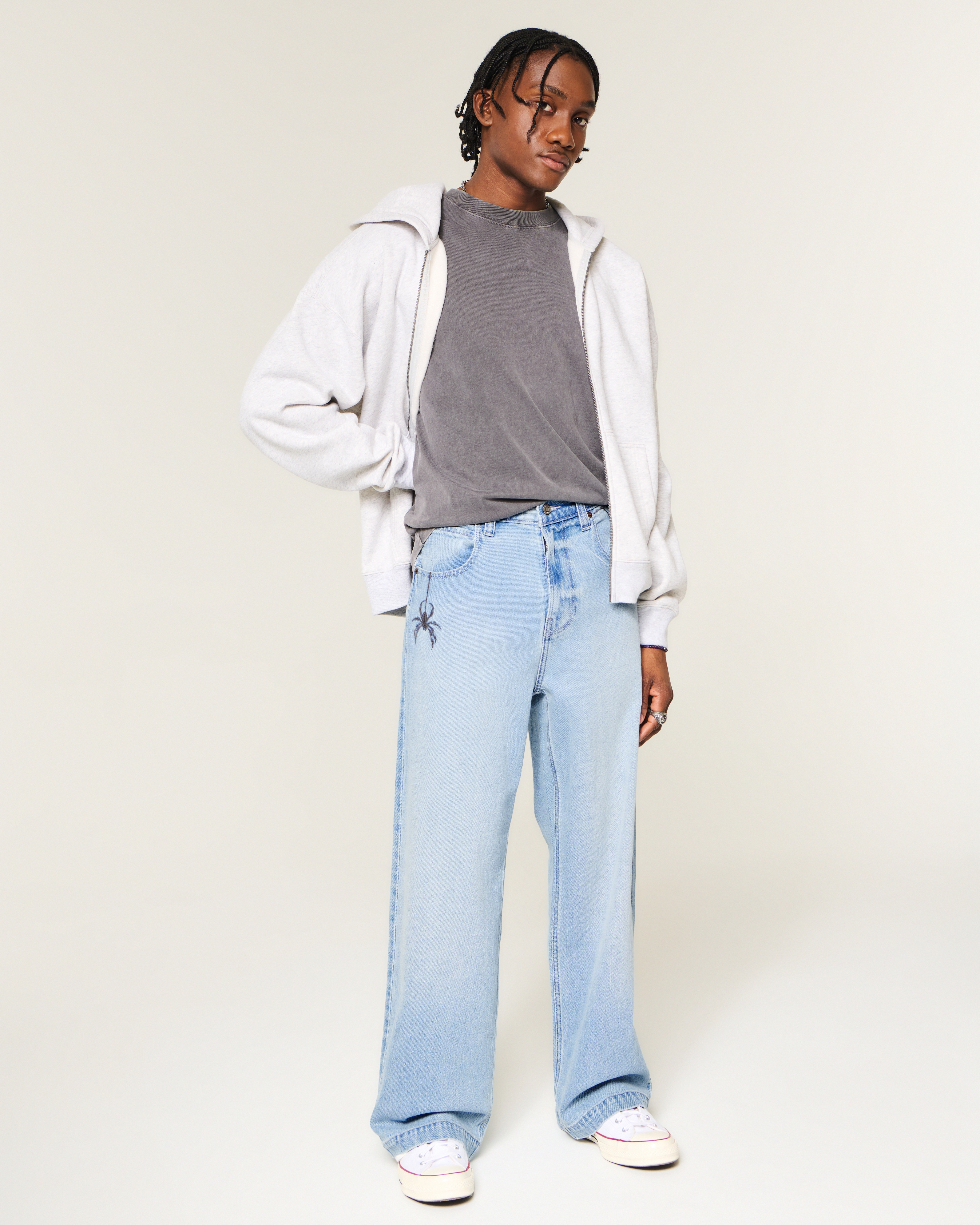 Light Wash Spider Embroidery Super Baggy Jeans