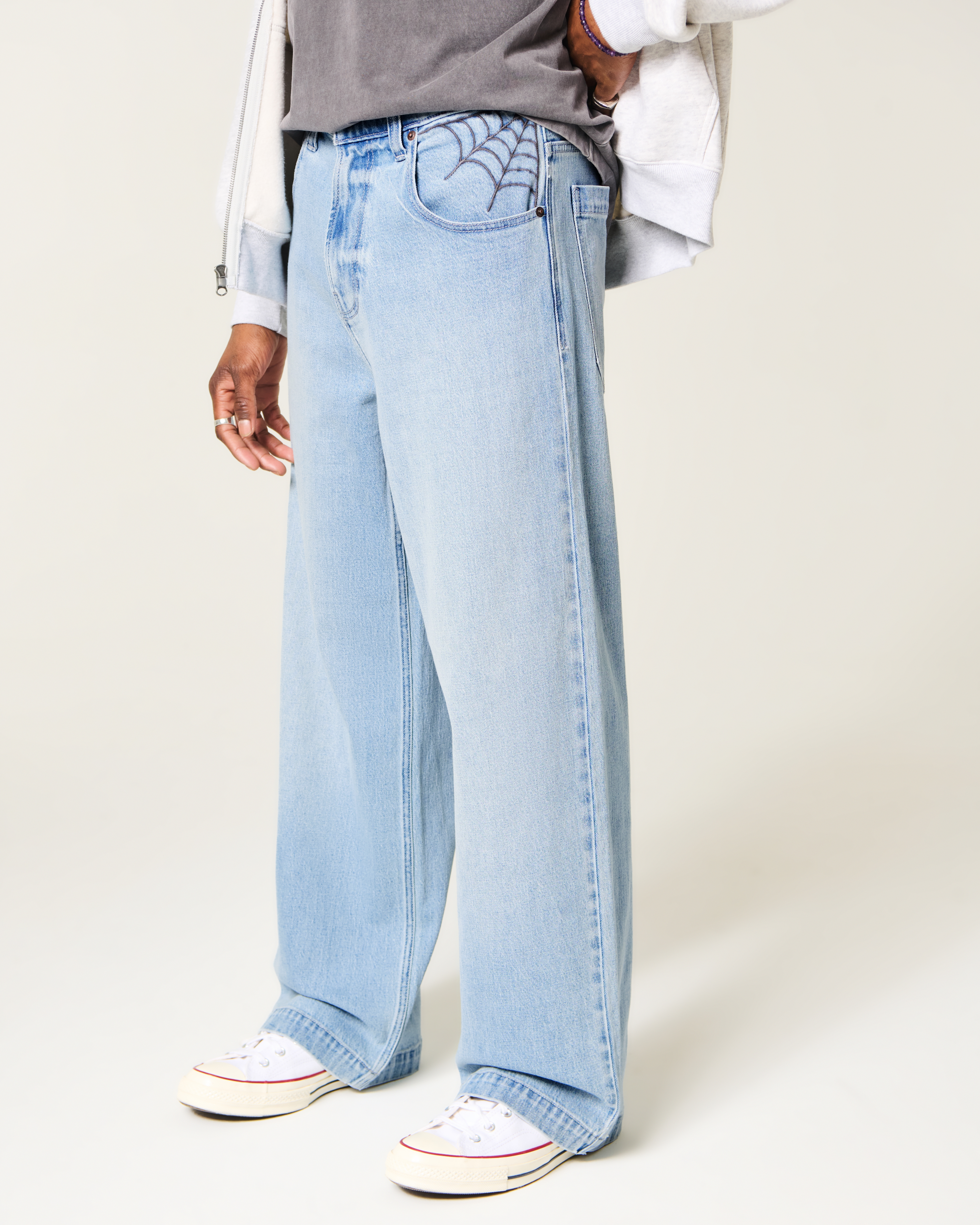 Light Wash Spider Embroidery Super Baggy Jeans