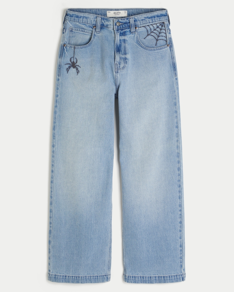 Men's Light Wash Spider Embroidery Super Baggy Jeans | Men's