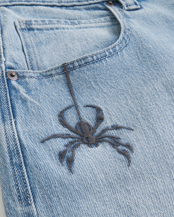 Men's Light Wash Spider Embroidery Super Baggy Jeans | Men's
