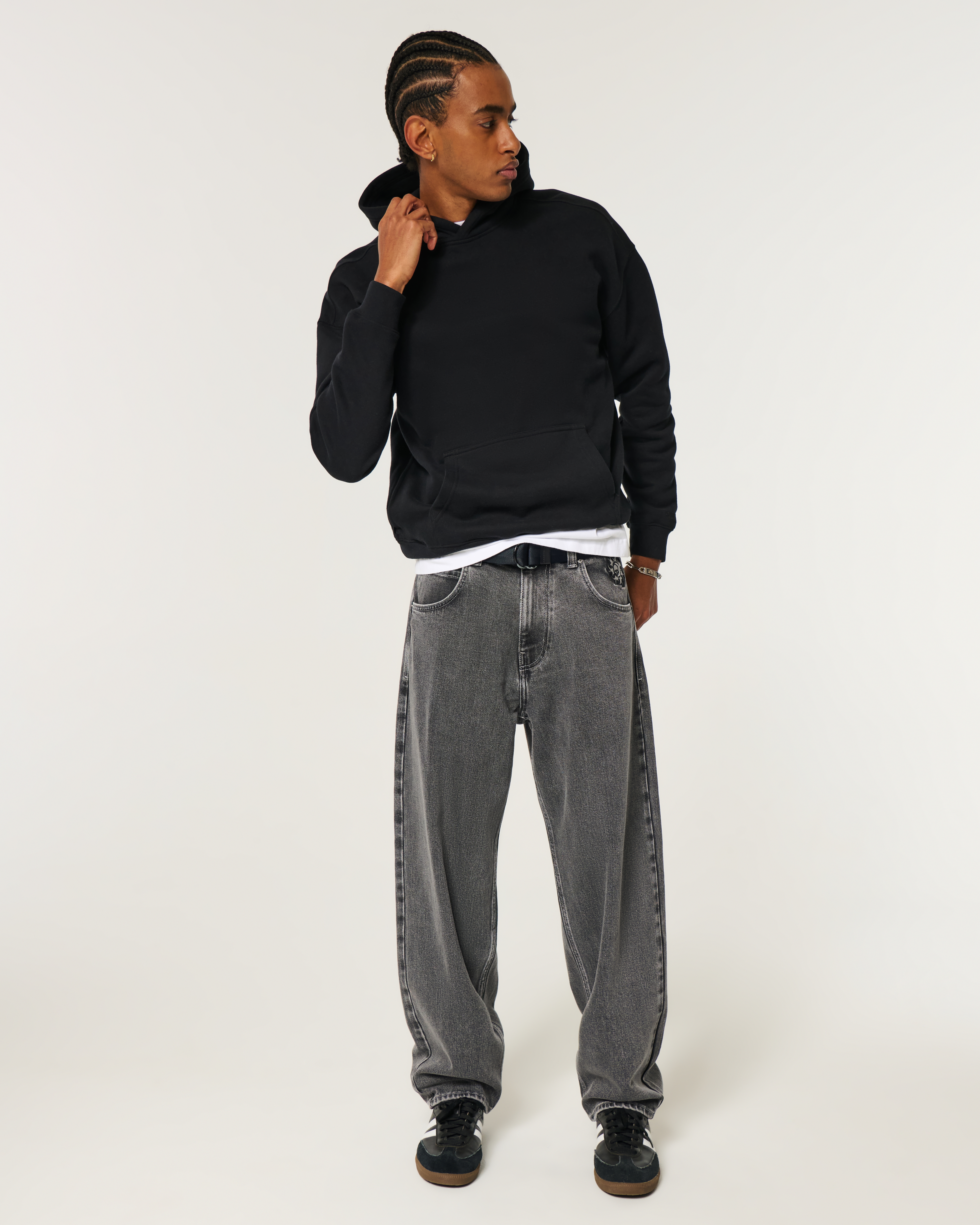 Washed Black Sun & Skull Embroidery Skater Baggy Jeans