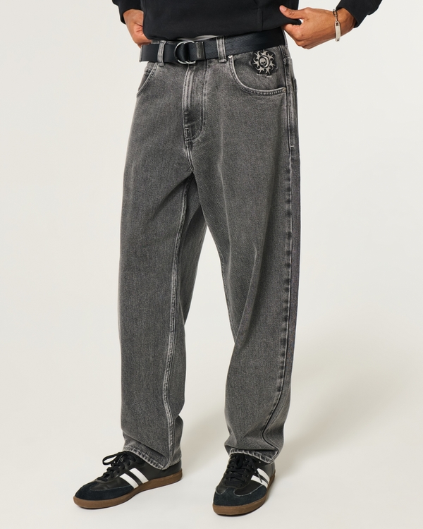 Washed Black Sun & Skull Embroidery Skater Baggy Jeans, Washed Black view 2