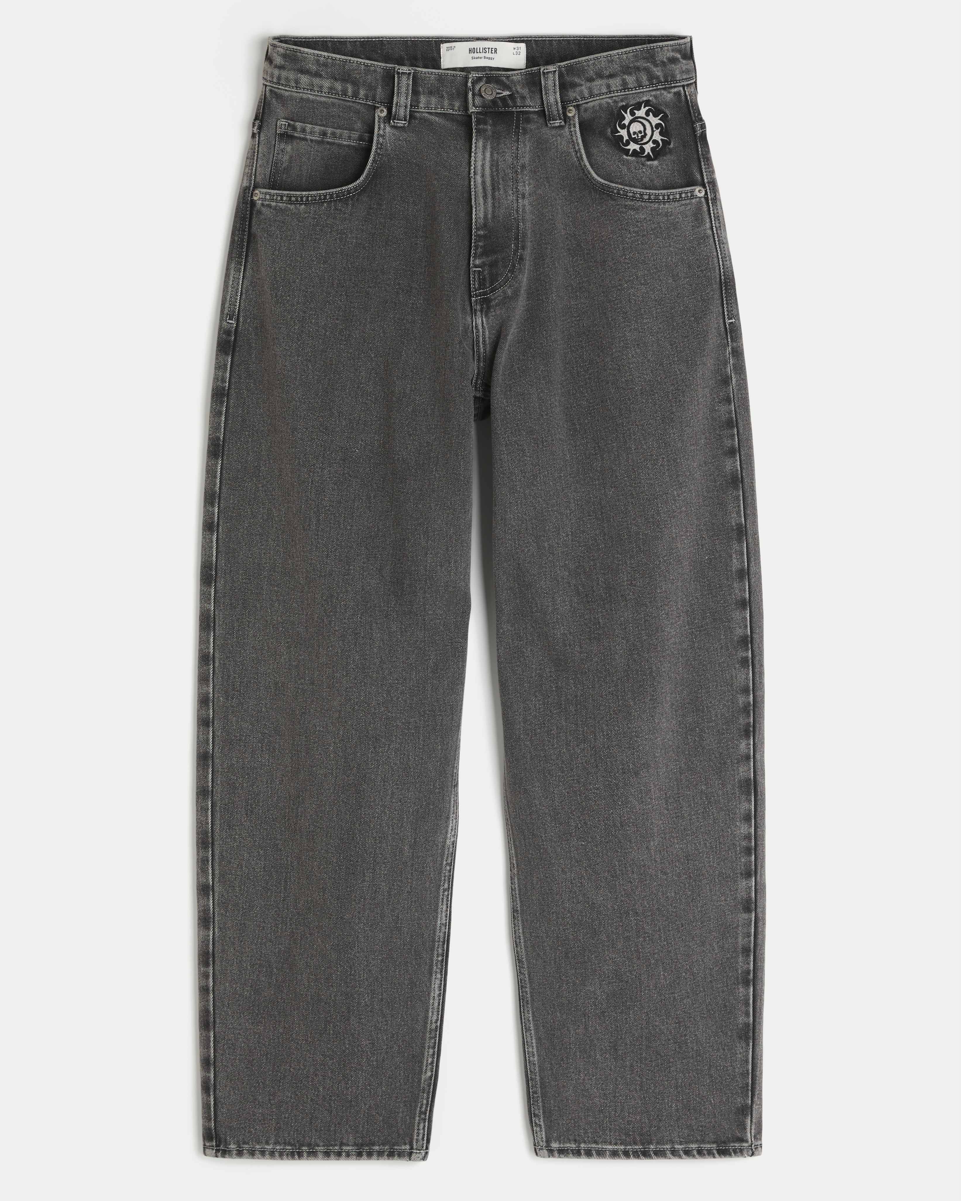 Sun & Skull Embroidery Skater Baggy Jeans