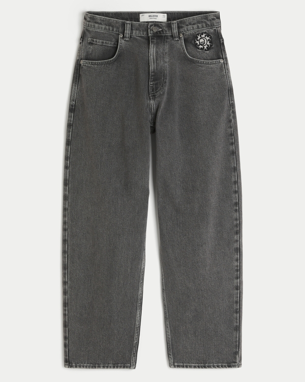 Men's Washed Black Sun & Skull Embroidery Skater Baggy Jeans