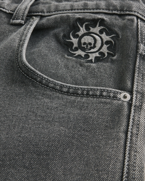 パンツ SKULL JEANS 5000XX 33 Men's Washed Black Sun & Skull Embroidery Skater Baggy Jeans