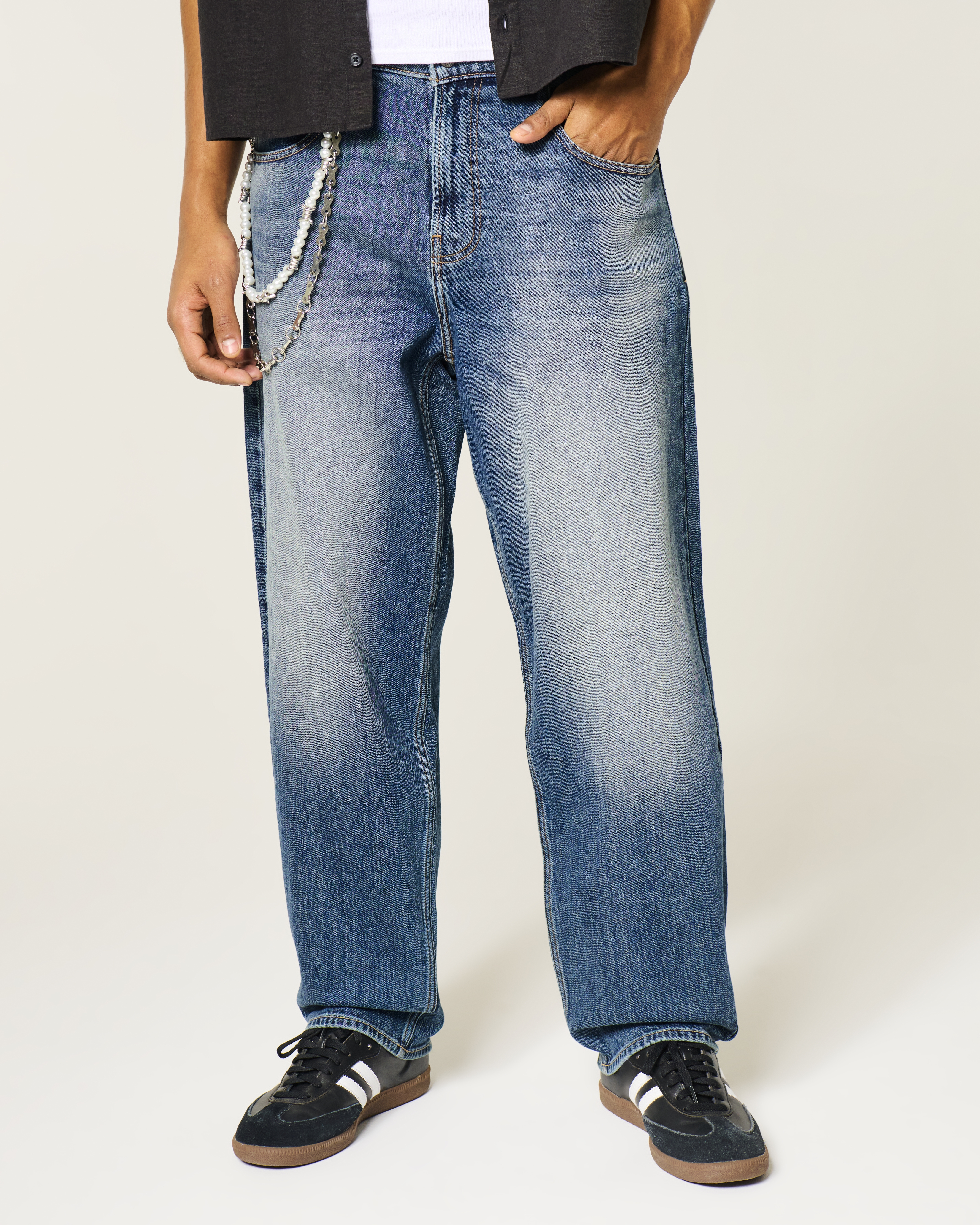 Medium Wash Eagle Graphic Skater Baggy Jeans