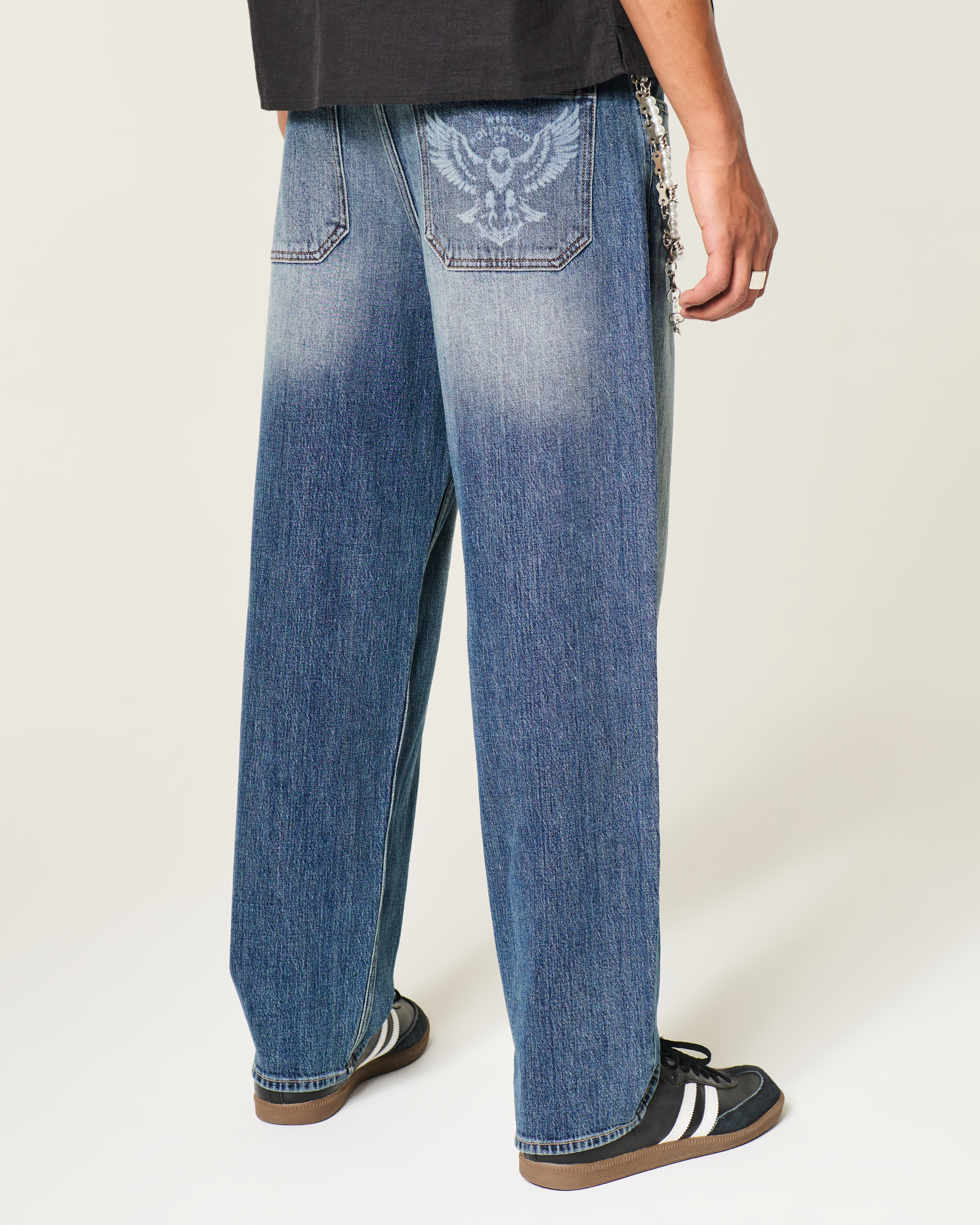 Medium Wash Eagle Graphic Skater Baggy Jeans