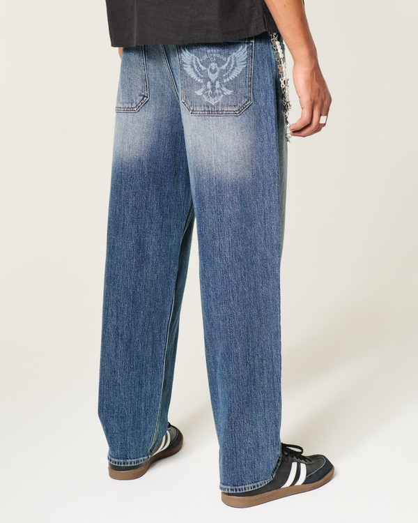 Men's Medium Wash Eagle Graphic Skater Baggy Jeans | Men's