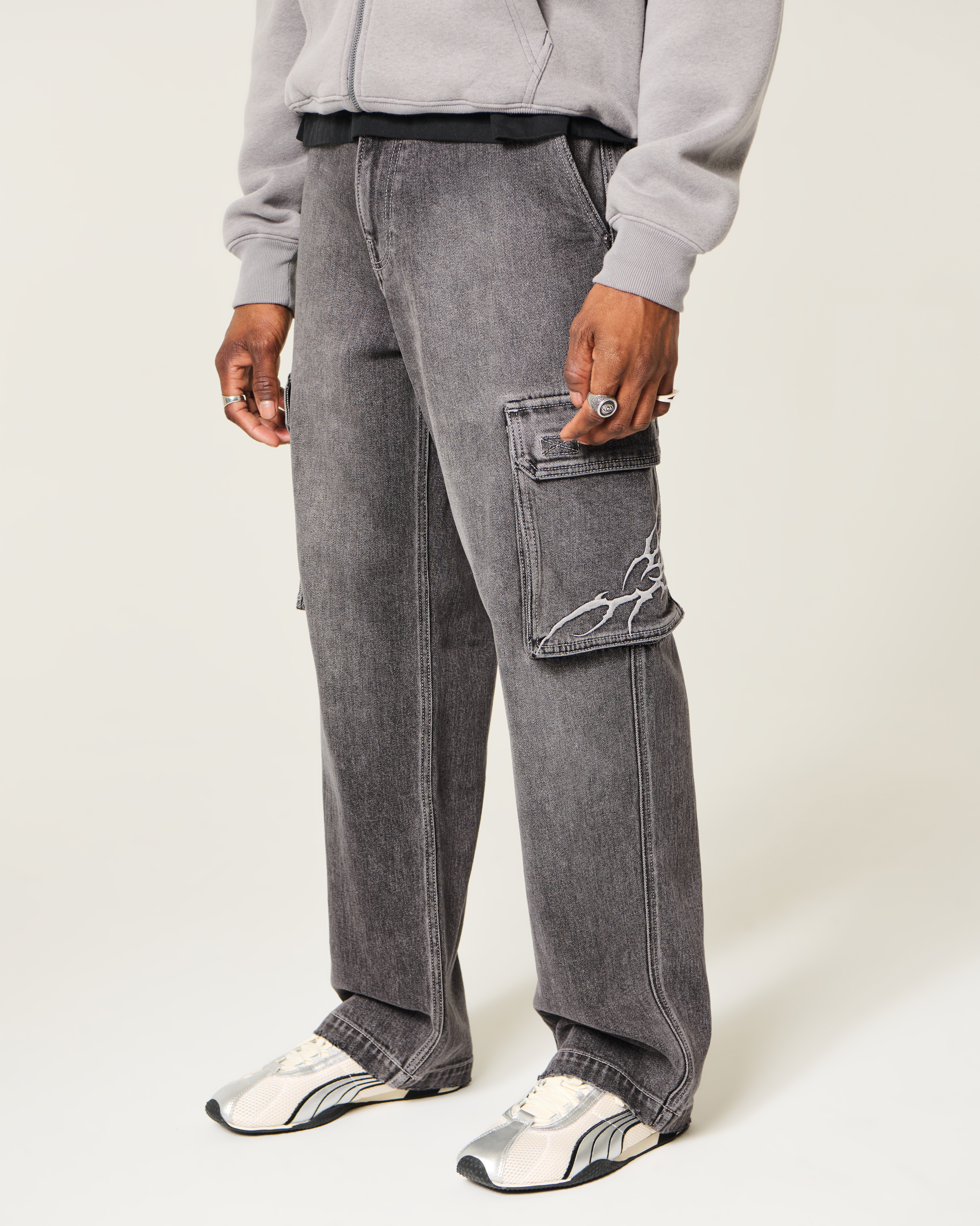 Grey Embroidered Baggy Cargo Jeans
