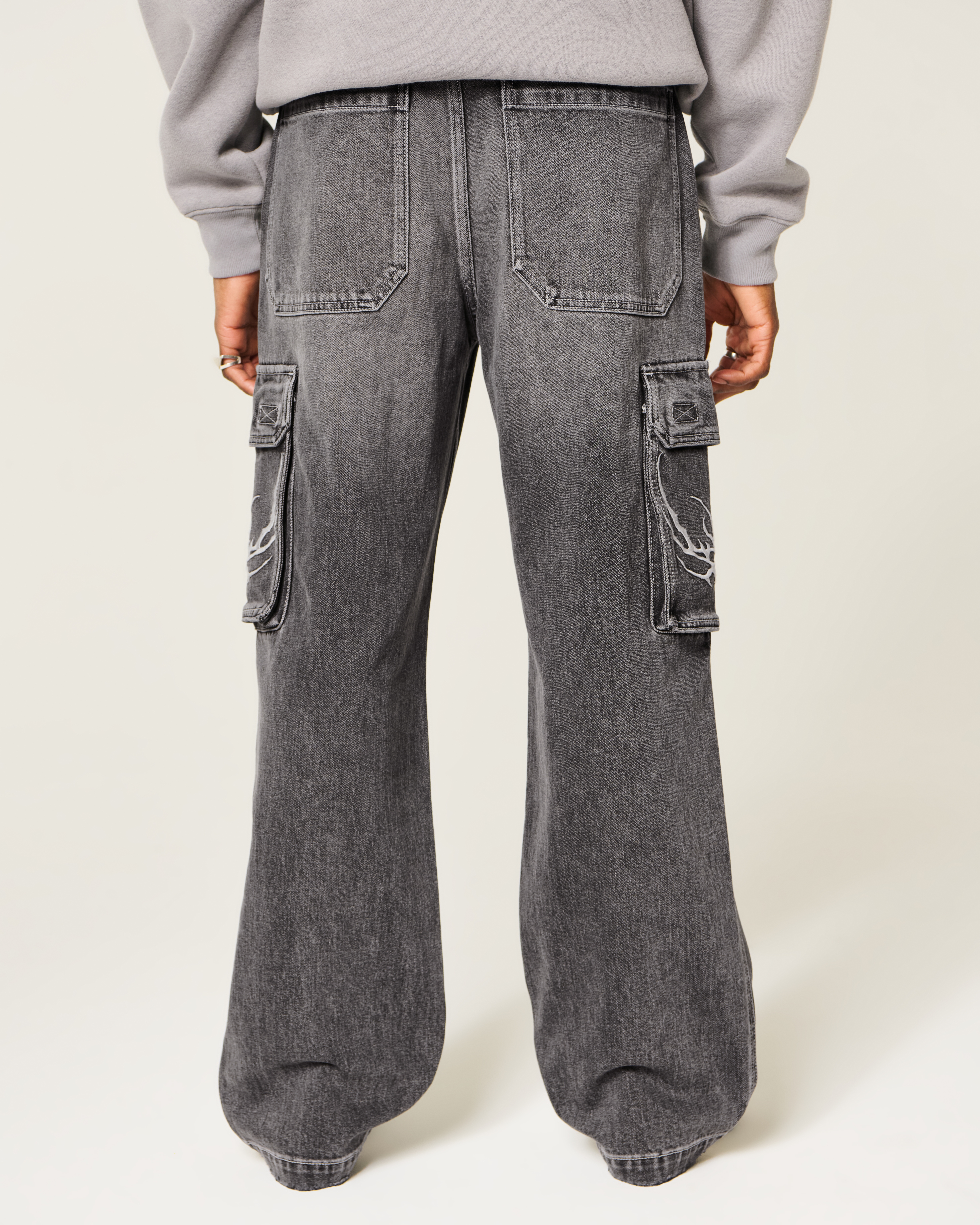 Grey Embroidered Baggy Cargo Jeans