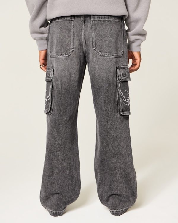 メンズ グレー 刺繍入り バギー カーゴジーンズ | メンズ ボトムス