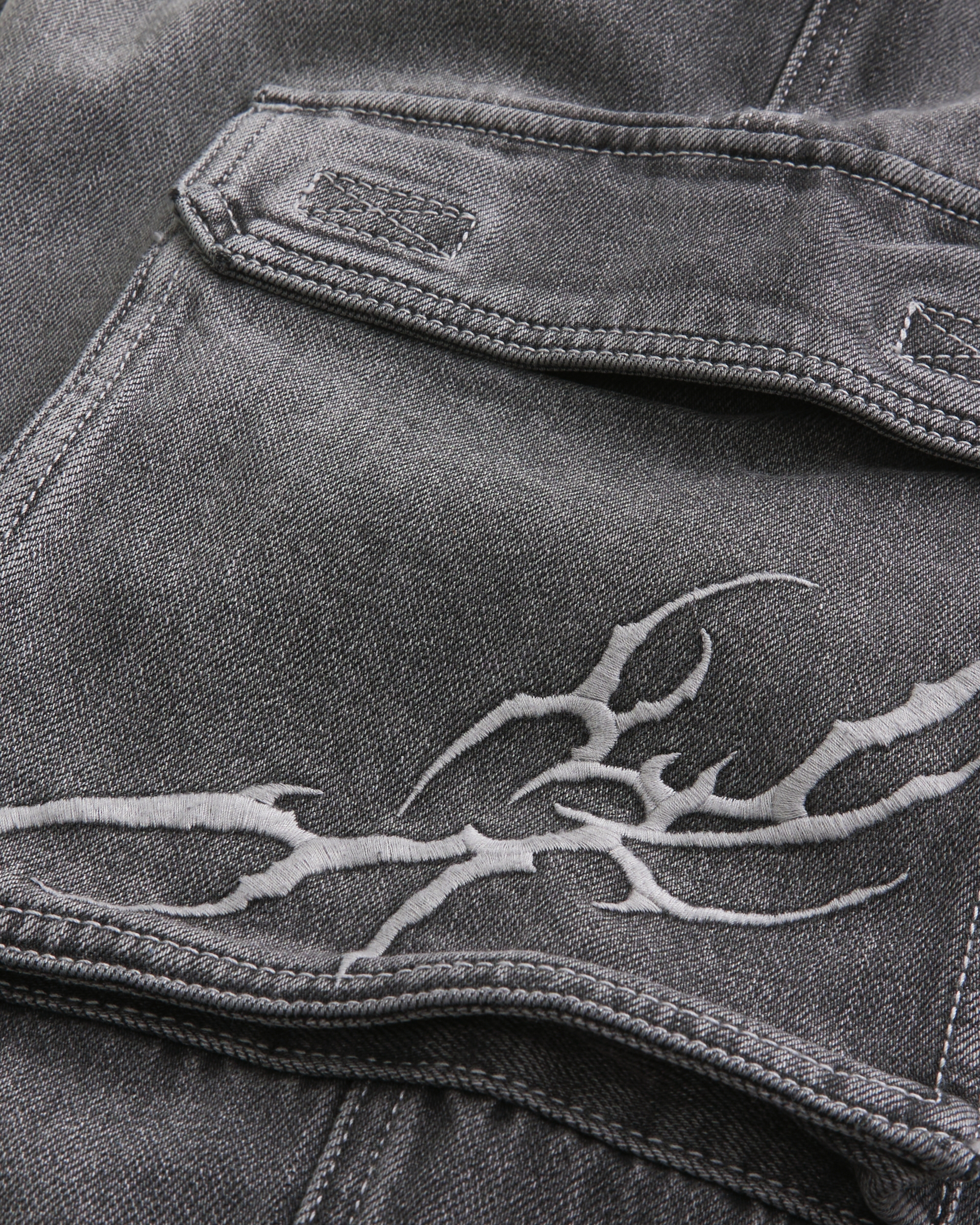 Grey Embroidered Baggy Cargo Jeans