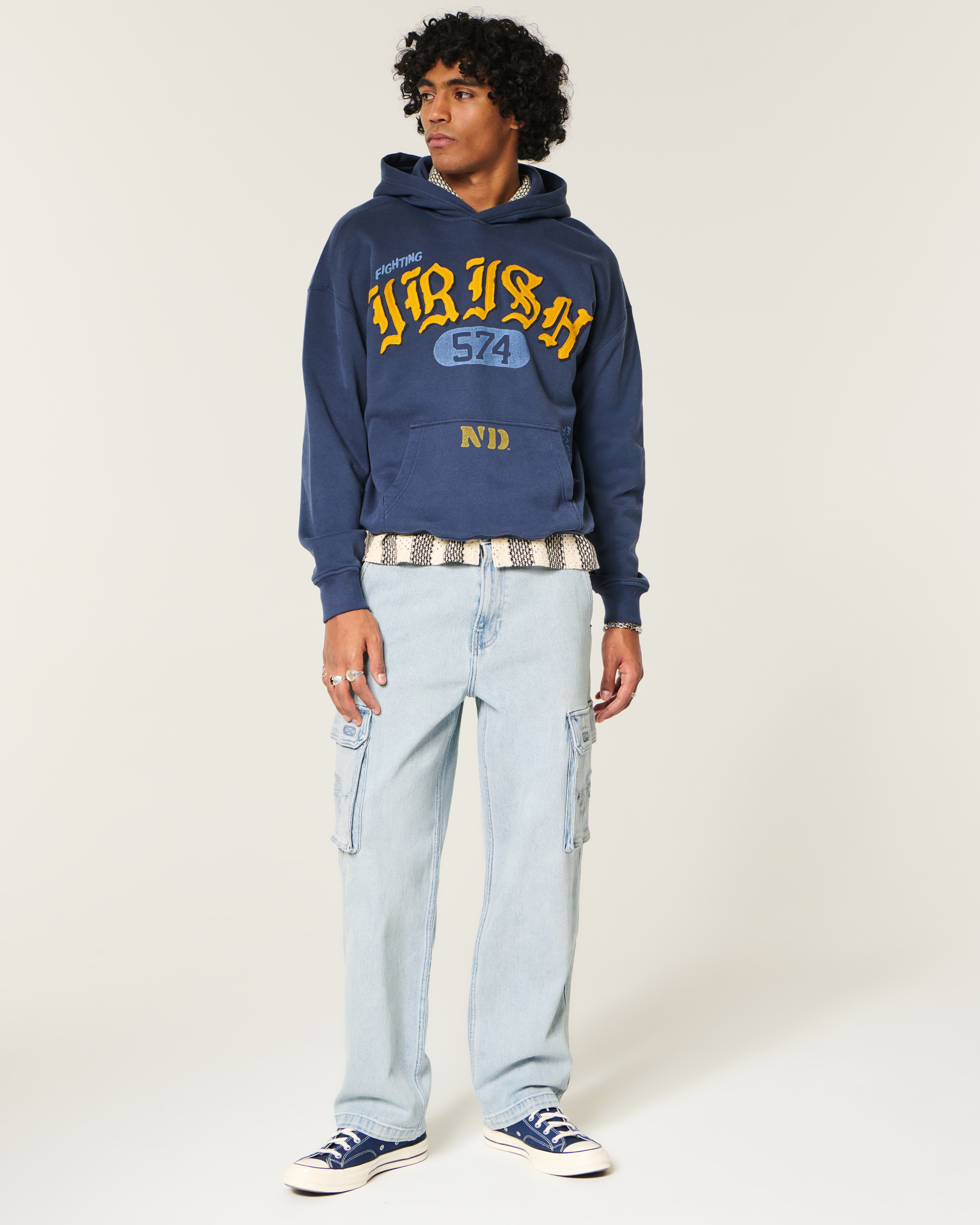 Light Wash Embroidered Baggy Cargo Jeans