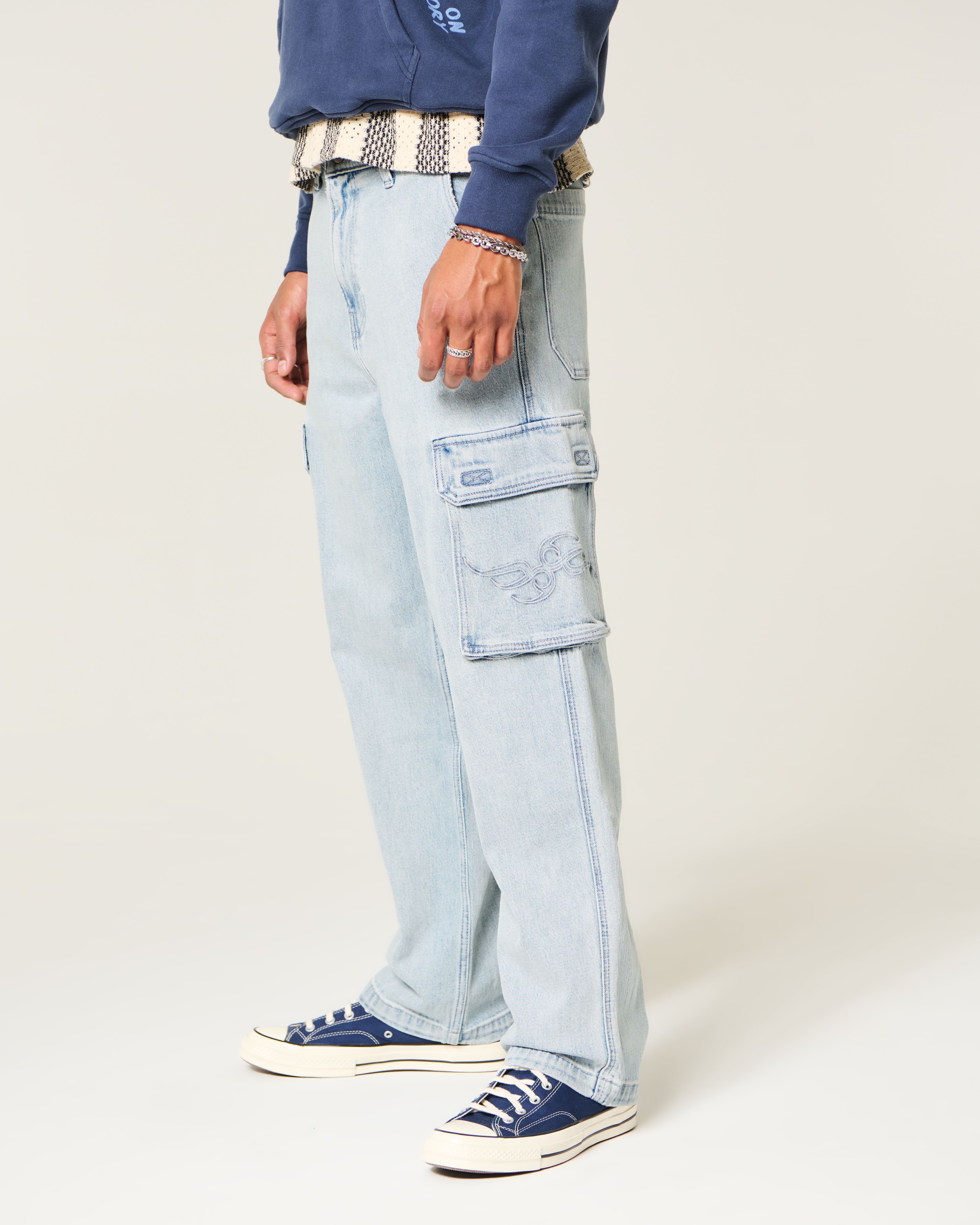Light Wash Embroidered Baggy Cargo Jeans
