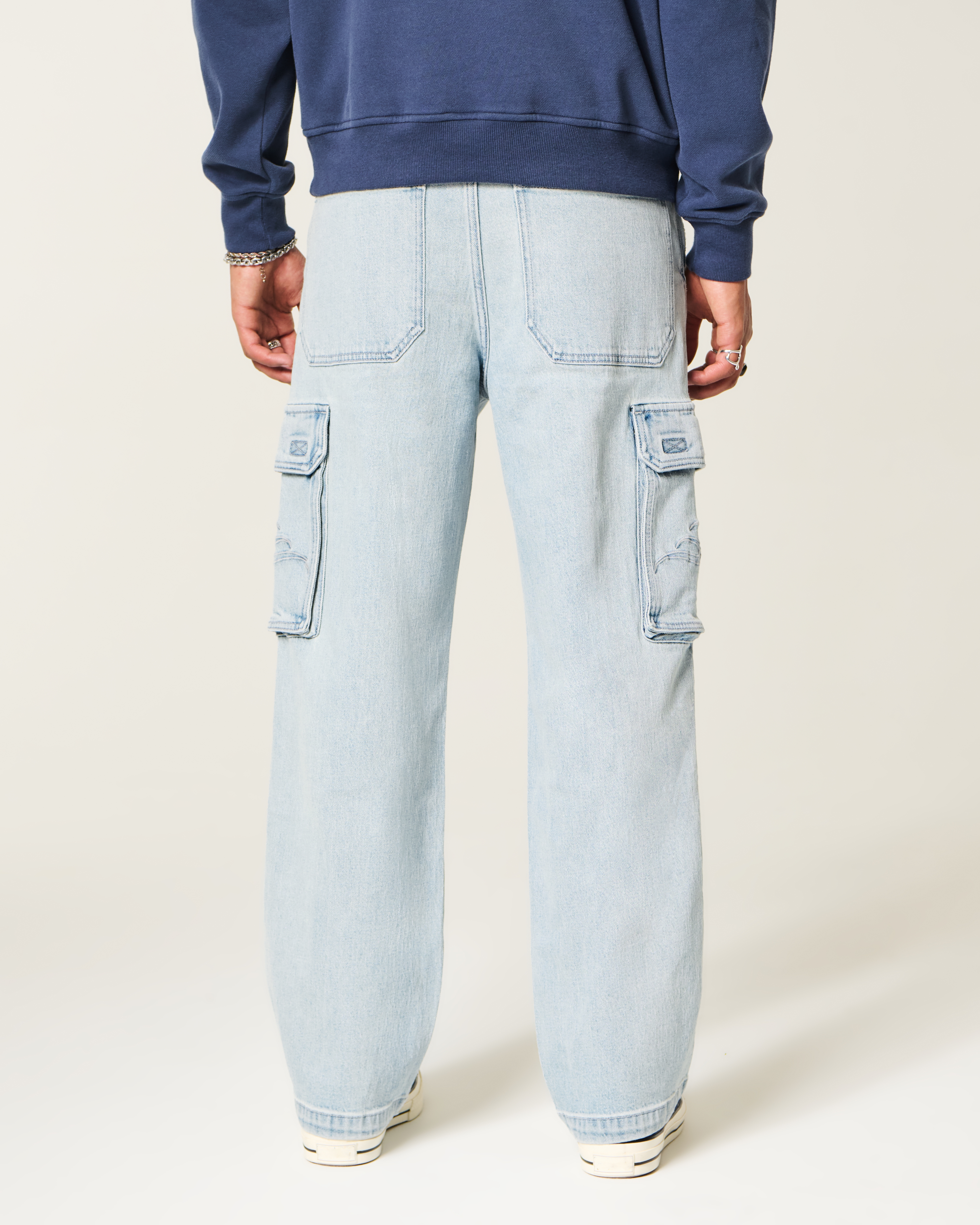 Light Wash Embroidered Baggy Cargo Jeans