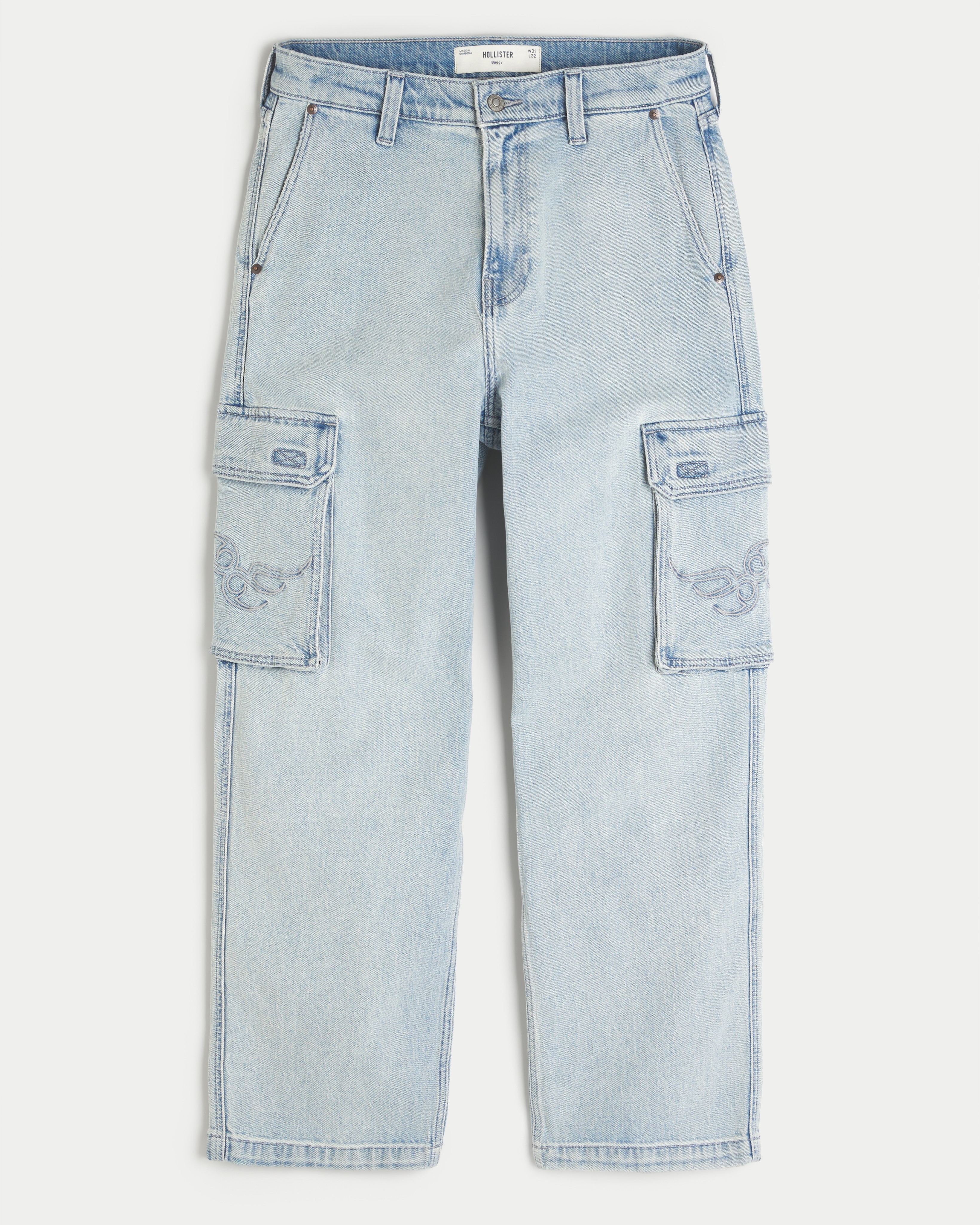 Light Wash Embroidered Baggy Cargo Jeans