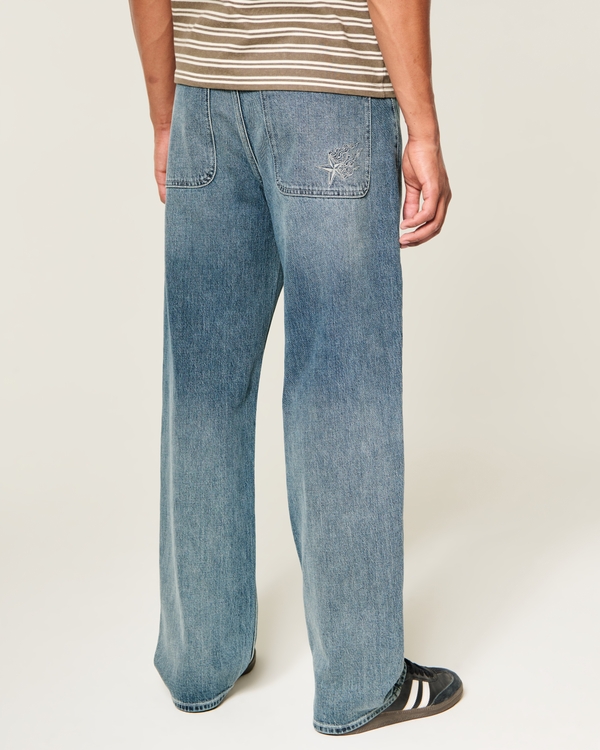 Men's Dark Wash Embroidered Graphic Baggy Jeans | Men's Bottoms