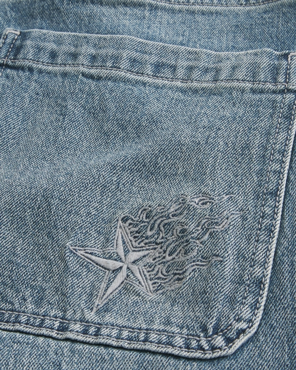 Men's Dark Wash Embroidered Graphic Baggy Jeans | Men's Bottoms