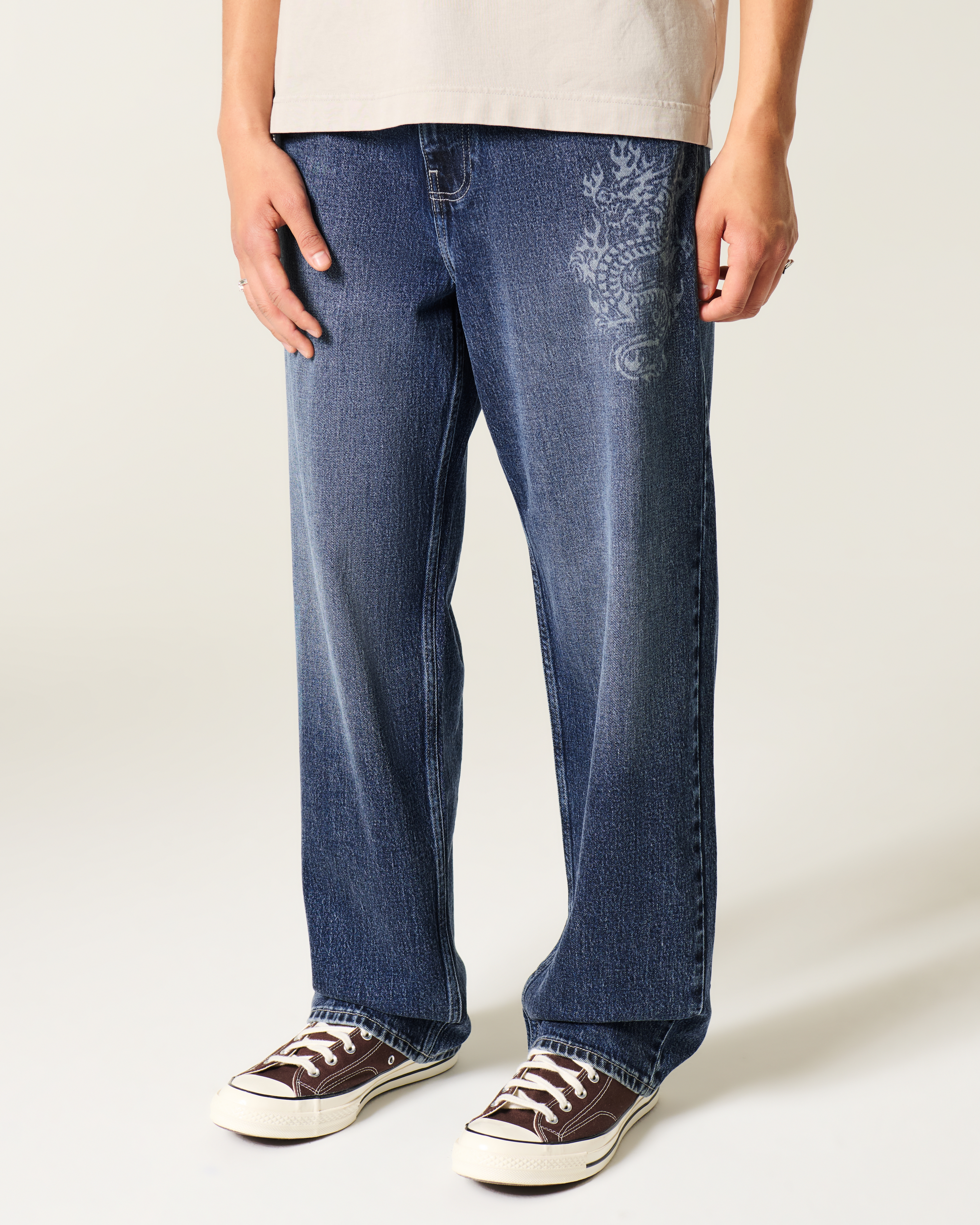 Dark Wash Dragon Graphic Baggy Jeans
