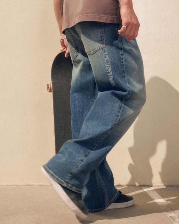 Low-Rise Logo Embroidery Baggy Jeans, Dark view 1