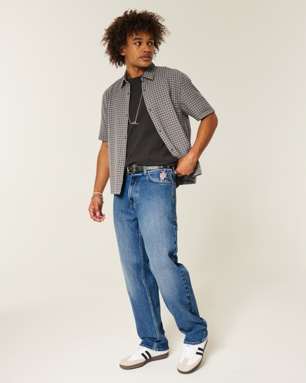 Dark Wash Rose Graphic Baggy Jeans, Dark view 1