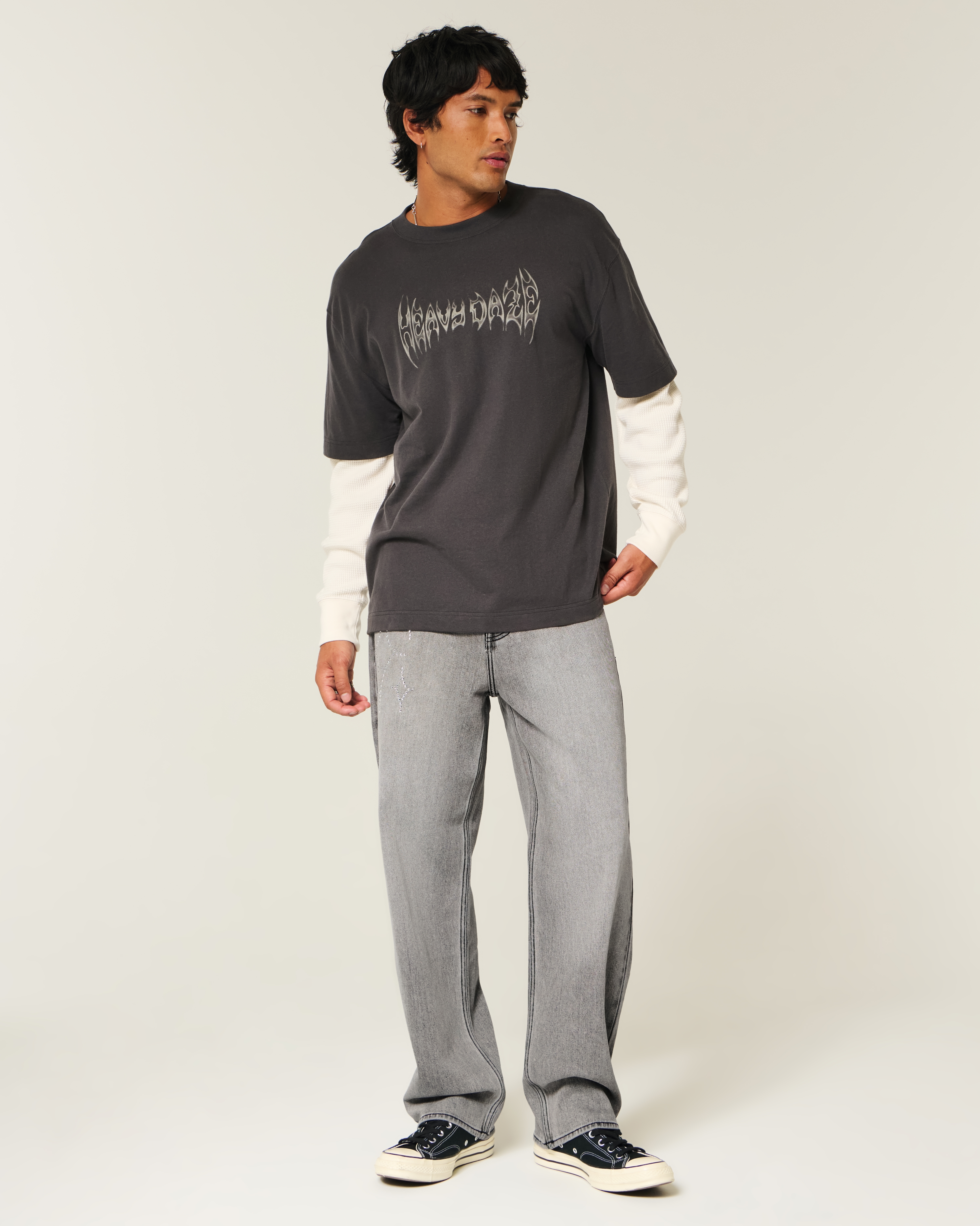 Washed Black Embellished Graphic Baggy Jeans