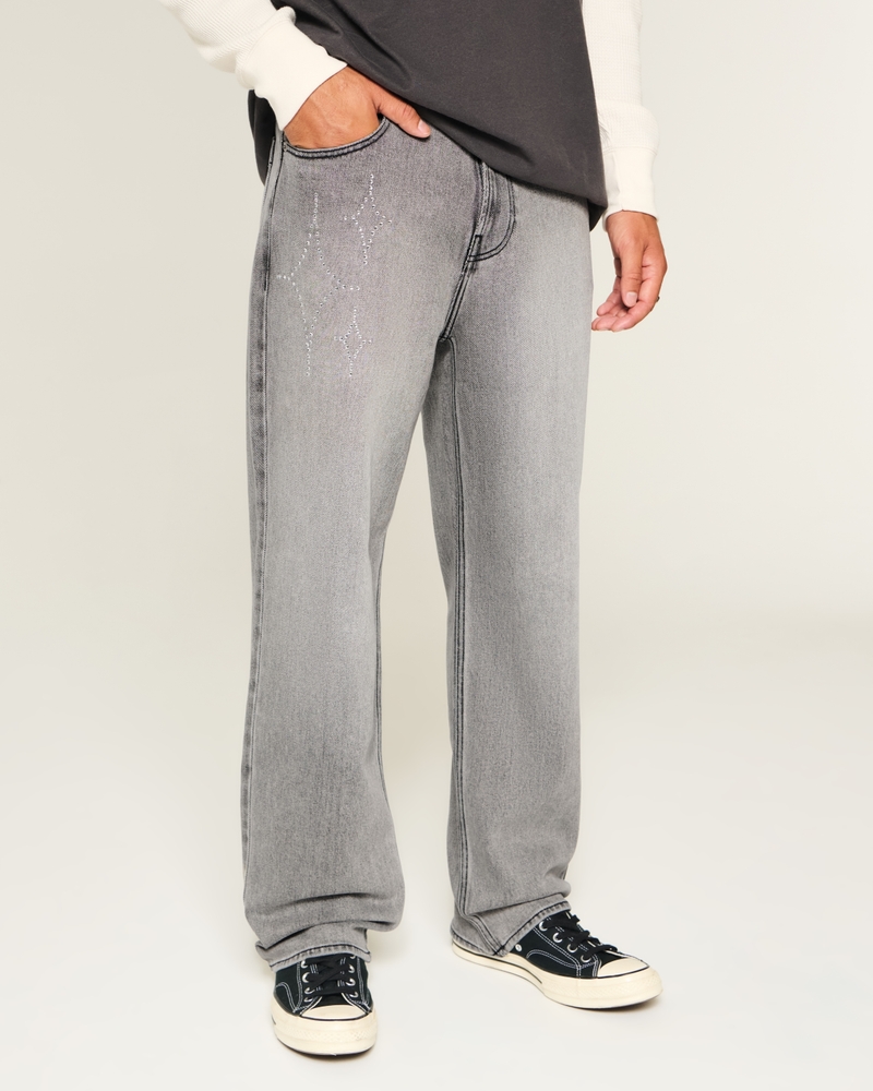 Washed Black Embellished Graphic Baggy Jeans