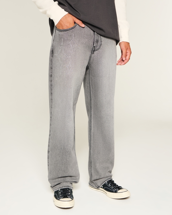 Washed Black Embellished Graphic Baggy Jeans, Washed Dark Gray view 2