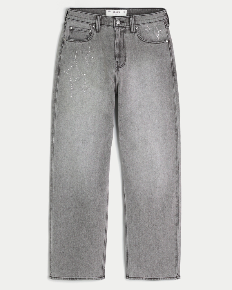 Washed Black Embellished Graphic Baggy Jeans