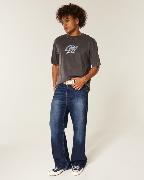 Dark Wash Baggy Bootcut Jeans, Dark view 1