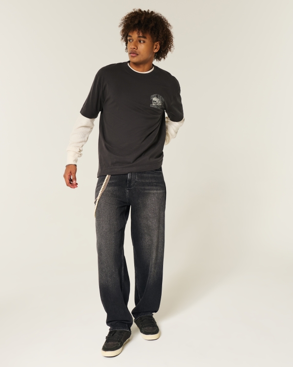 Washed Black Graphic Skater Baggy Jeans, Washed Black view 1